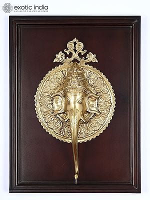 24" Fine Quality Lord Ganesha Face | Hoysala Bronze | Wood Framed Sculpture | Wall Hanging