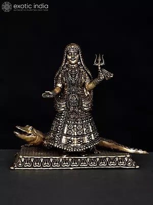 5" Small Superfine Goddess Ganga with Her Vahana Makar | Brass Statue