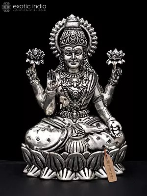 Blessing Goddess Lakshmi Seated on Lotus | Small Silver Plated Brass Statue