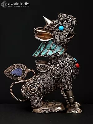 4" White Metal Roaring Lion Statue With Inlay Work | Handmade | Decorative Item