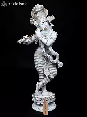 44" Superfine Graceful Lord Krishna Playing Flute | Large Size Hand-Painted Brass Statue