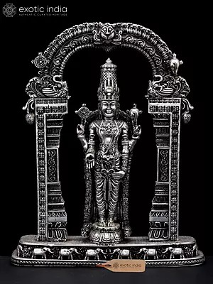 9" Superfine Lord Tirupati Balaji (Venkateshvara) on Kirtimukha Throne | Silver Plated Brass Statue