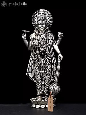 5" Small Superfine Standing Lord Vishnu in Blessing Gesture | Silver Plated Brass Statue