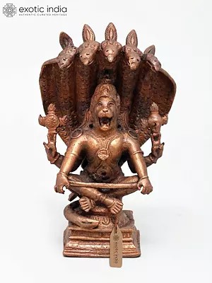 5" Small Lord Narasimha in Yoga Mudra Protected by Sheshnag | Copper Statue
