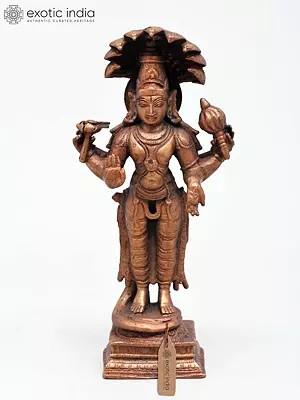 6" Small Four Armed Standing Lord Vishnu | Copper Statue