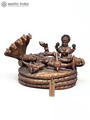 5" Small Shesha-Shayi Lord Vishnu with Devi Lakshmi | Copper Statue