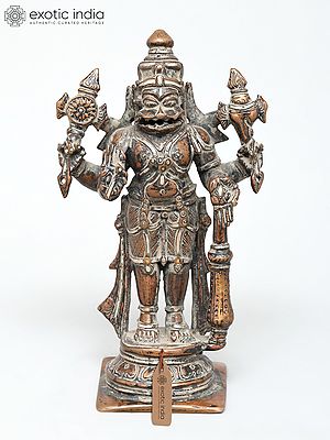 6" Small Standing Lord Narasimha - The Fourth Avatar of Lord Vishnu | Copper Statue with Silver