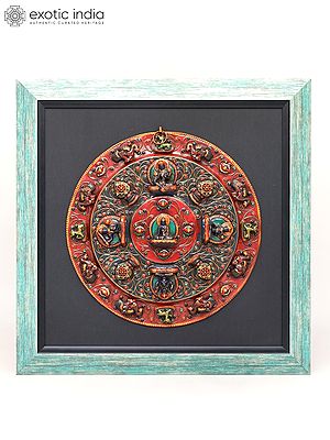 24" Handcrafted Tibetan Buddhist Copper Mandala in Turquoise Wood Frame | Wall Hanging
