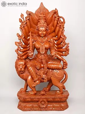 48" Large Eighteen Armed Goddess Durga (Sherawali Maa) | Wood Carving