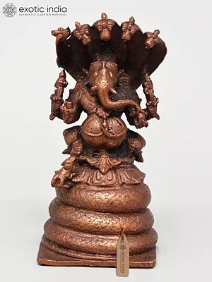4" Small Lord Ganesha Seated on Five Hooded Serpent | Copper Statue