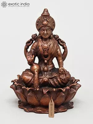 4" Small Blessing Goddess Lakshmi Seated on Lotus | Copper Statue