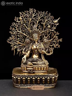 7" Superfine Tibetan Buddhist Goddess Green Tara with Tree as Backdrop | Brass Statue