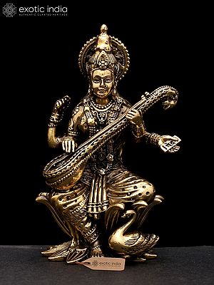 4" Small Superfine Goddess Saraswati Playing Veena | Brass Statue