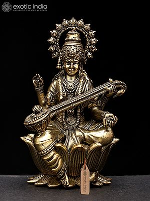3" Small Superfine Goddess Saraswati Seated on Lotus | Brass Statue
