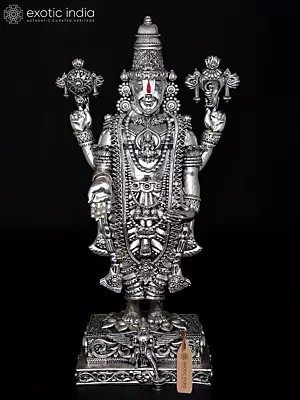 36" Four Armed Lord Tirupati Balaji in Standing Posture with Garuda Dev | Wood with Silver Cladding Statue