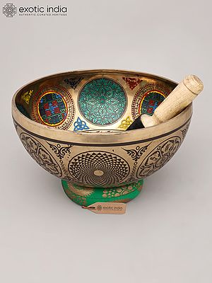 11" Etched Buddha Bronze Singing Bowl with Stick | Handmade | Made in India
