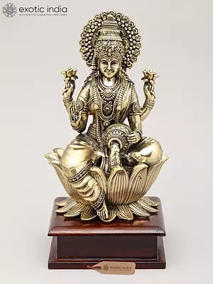 Superfine Goddess Lakshmi Seated on Lotus Flower with Wood Base | Brass Idol | Made in India
