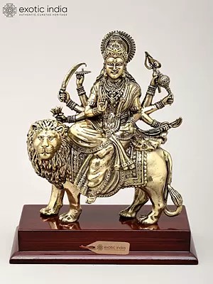 Superfine Ashtabhuja Goddess Durga Seated on Lion with Wood Base | Brass Sculpture | Made in India