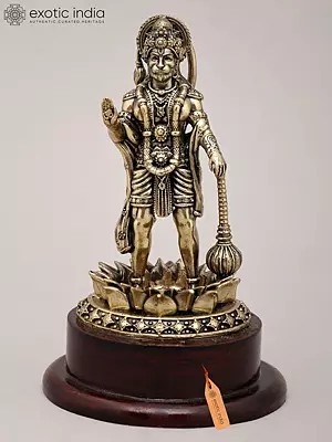 5" Small Superfine Lord Hanuman Standing in Blessing Gesture with Mace and Wood Base | Brass Statue