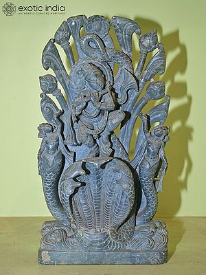 15" Lord Krishna Dancing on Kaliya Naag | Green Stone Statue | Hand Carved