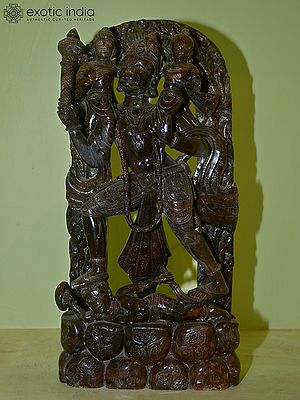 18" Lord Hanuman Carrying Lord Ram and Laxman on His Shoulders | Red Stone Statue | Hand Carved