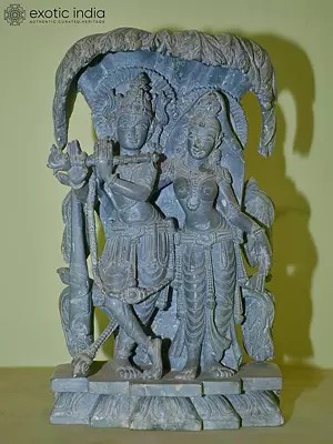 11" Radha Krishna Standing Together on the Pedestal | Green Stone Statue | Hand Carved