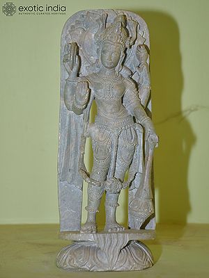 10" Lord Vishnu Holding Mace in his Hand | Red Stone Statue | Hand Carved