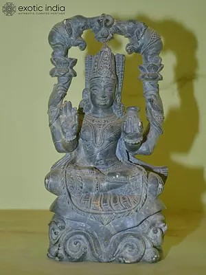 8" Goddess Laxmi Sittng on Pedestal | Green Stone Statue | Hand Carved