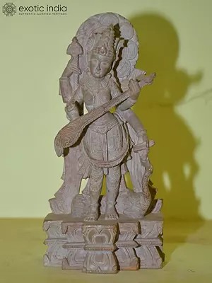 8" Goddess Saraswati Holding Veena | Red Stone Statue | Hand Carved