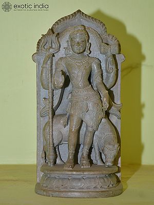 9" Lord Shiva Standing with his Nandi | Red Stone Statue | Hand Carved