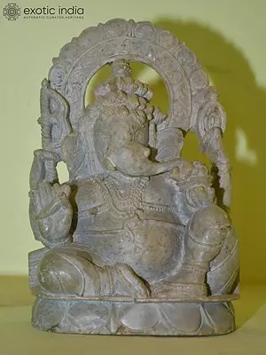 7" Lord Ganesha Seated on Throne | Red Stone Statue | Home Decor| Hand Carved