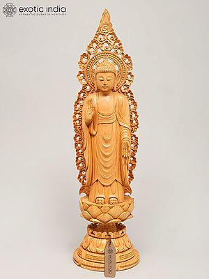 18" Standing Lord Buddha in Vitark Mudra on Lotus Pedestal | Wood Carved Statue