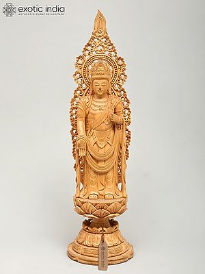 18" Lord Buddha Standing in Varada Mudra on Lotus Pedestal | Wood Carved Statue