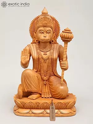 10" Lord Hanuman Seated in Blessing Gesture | Wood Carved Statue