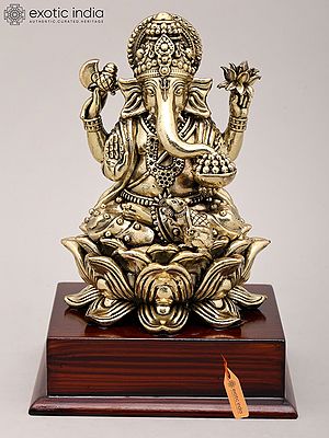 7" Superfine Chaturbhuja Lord Ganapati Seated on Lotus with Wood Base | Brass Sculpture
