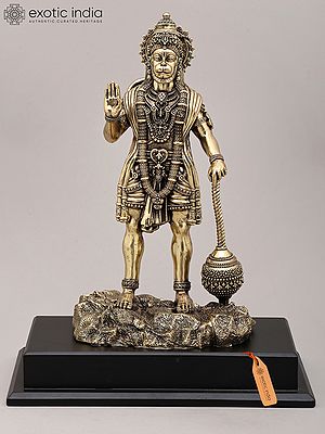 14" Superfine Idol of Lord Hanuman in Blessing Gesture with Mace and Wood Base | Brass Sculpture