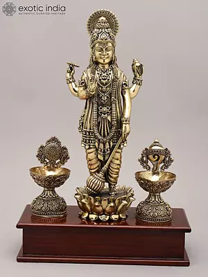13" Superfine Idol of Four Amred Lord Vishnu with Oil Lamp and Wood Base | Brass Sculpture