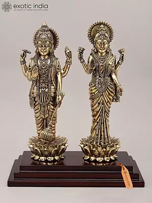 11" Superfine Lord Vishnu and Goddess Lakshmi Standing on Wood Base | Brass Idol