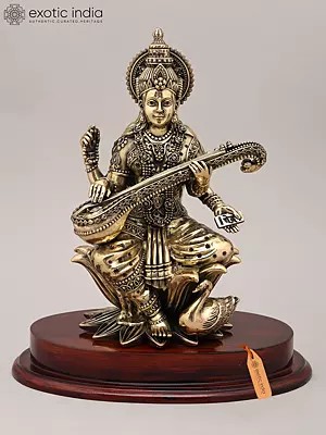 11" Superfine Chaturbhuja Goddess Saraswati Seated on Lotus with Sitar and Wood Base | Brass Statue