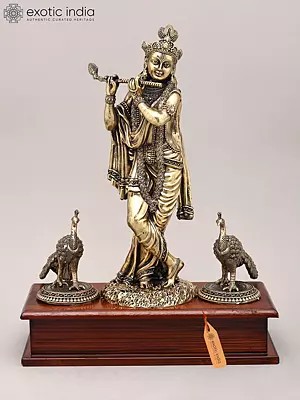12" Superfine Idol of Lord Krishna Playing Flute in Tribhangi Gesture with Peacock and Wood Base | Brass Statue