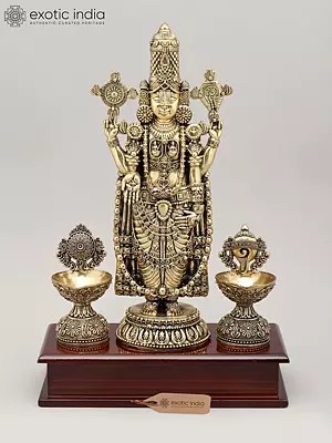 13" Superfine Lord Venkateswara Idol with Vaishnava Symbols Oil Lamp and Wood Base | Brass Sculpture