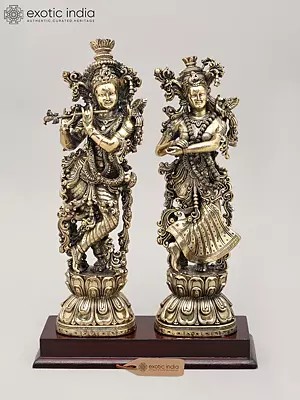 Superfine Divine Pair: Lord Krishna and Radha Standing on Lotus with Wood Base | Brass Idol