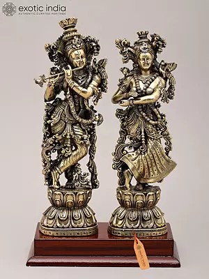 Superfine Divine Pair: Lord Krishna and Radha Standing on Lotus with Wood Base | Brass Idol