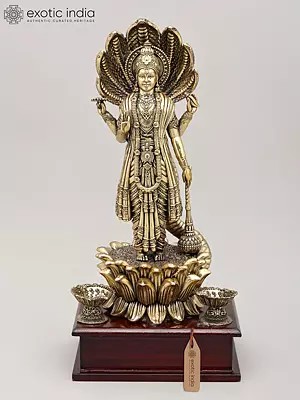 12" Superfine Four Armed Lord Vishnu with Seven Headed Sheshnag and Wood Base | Brass Idol