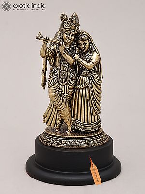 3" Small Superfine Lord Krishna Playing Flute with Radha on Wood Base | Brass Sculpture