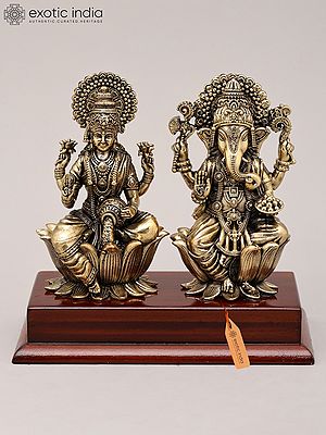 4" Small Superfine Goddess Lakshmi and Lord Ganapati Pair with Wood Base | Brass Idol