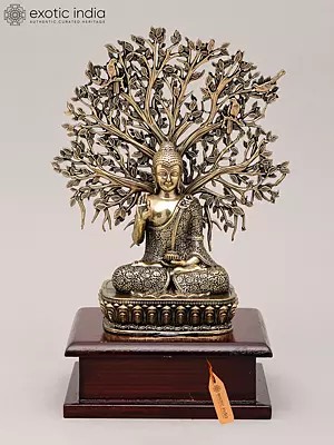 8" Superfine Idol of Lord Buddha Attaining Enlightenment Under The Bodhi Tree with Wood Base | Brass Statue