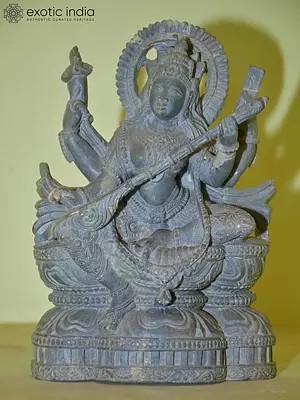 8" Maa Sharada with Veena | Orissa Stone Statue | Hand Carved