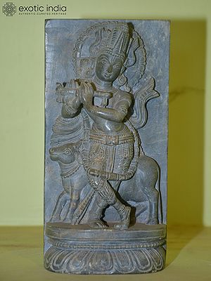 8" Lord Krishna with Cow | Orissa Stone Statue | Hand Carved