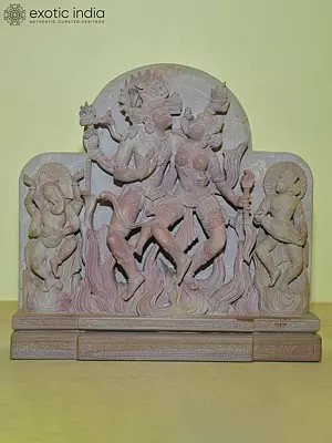 10" Shiva Parvati with their Children Ganesha and Kartikeya | Red Stone Statue | Hand Carved